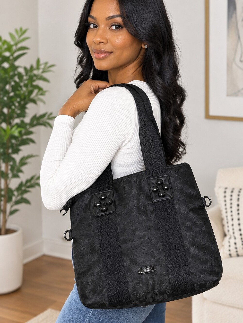 Women's Black Checkered Laptop Tote Bag